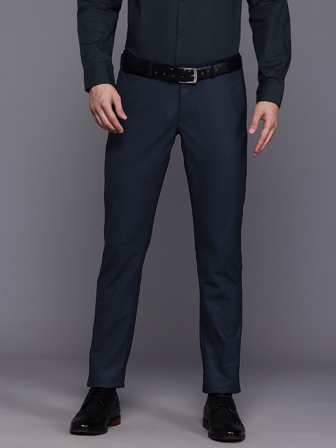 

Allen Solly Men Textured Slim Fit Low-Rise Formal Trousers, Navy blue