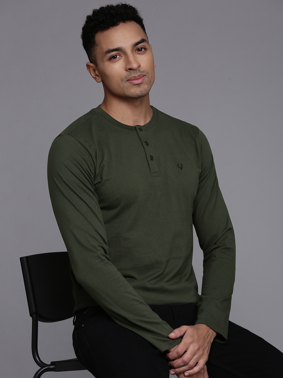 

Allen Solly Pure Cotton Henley Neck Slim Fit T-shirt, Olive