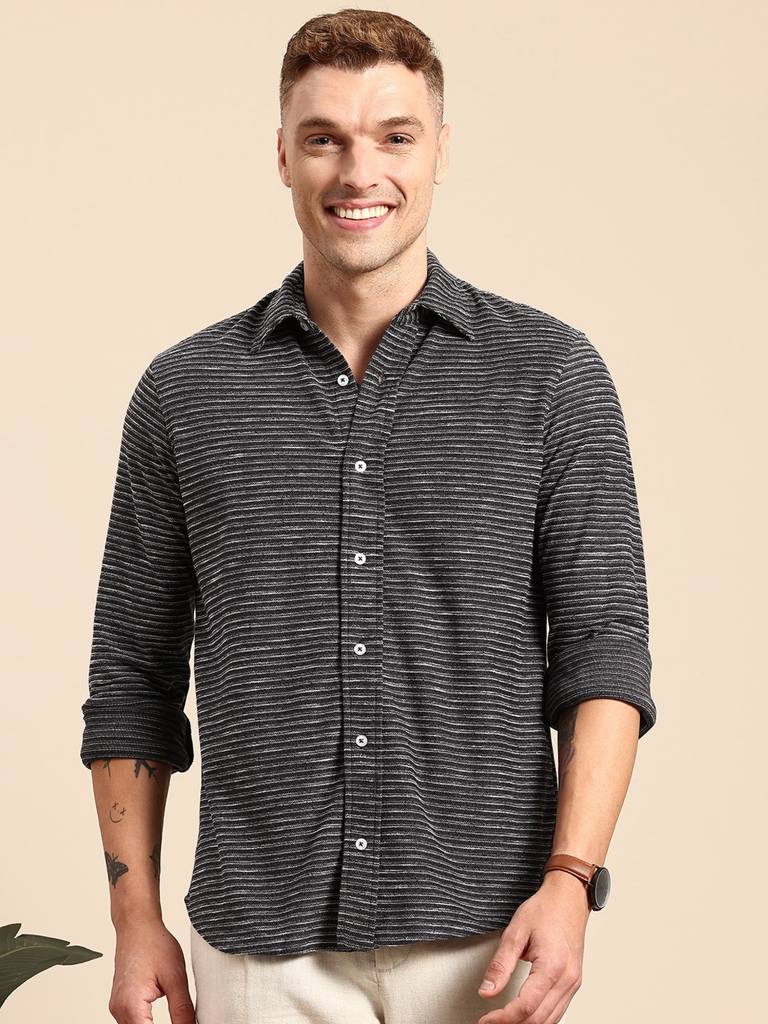 

Mast & Harbour Men Classic Textured Casual Shirt, Black