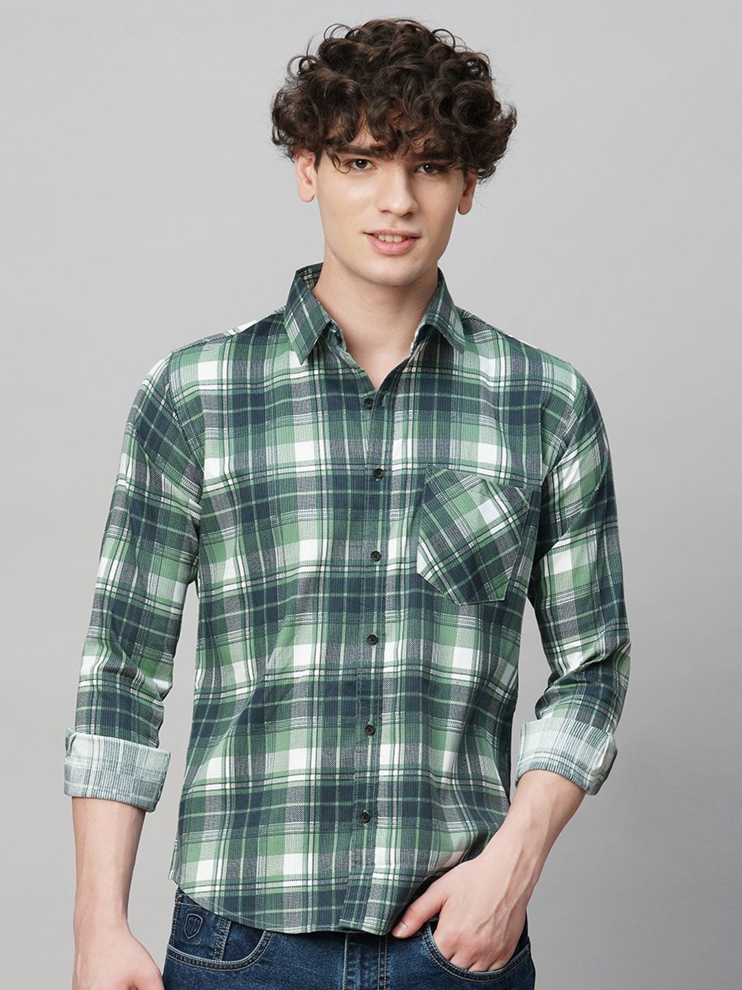 

TRYBUY.IN Men Comfort Spread Collar Tartan Checked Cotton Party Shirt, Green