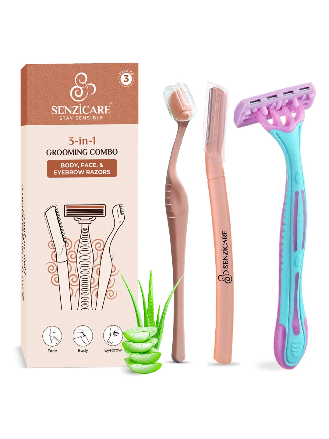 

Senzicare Women Pack Of 3 Face Eyebrow & Body Razor, Pink