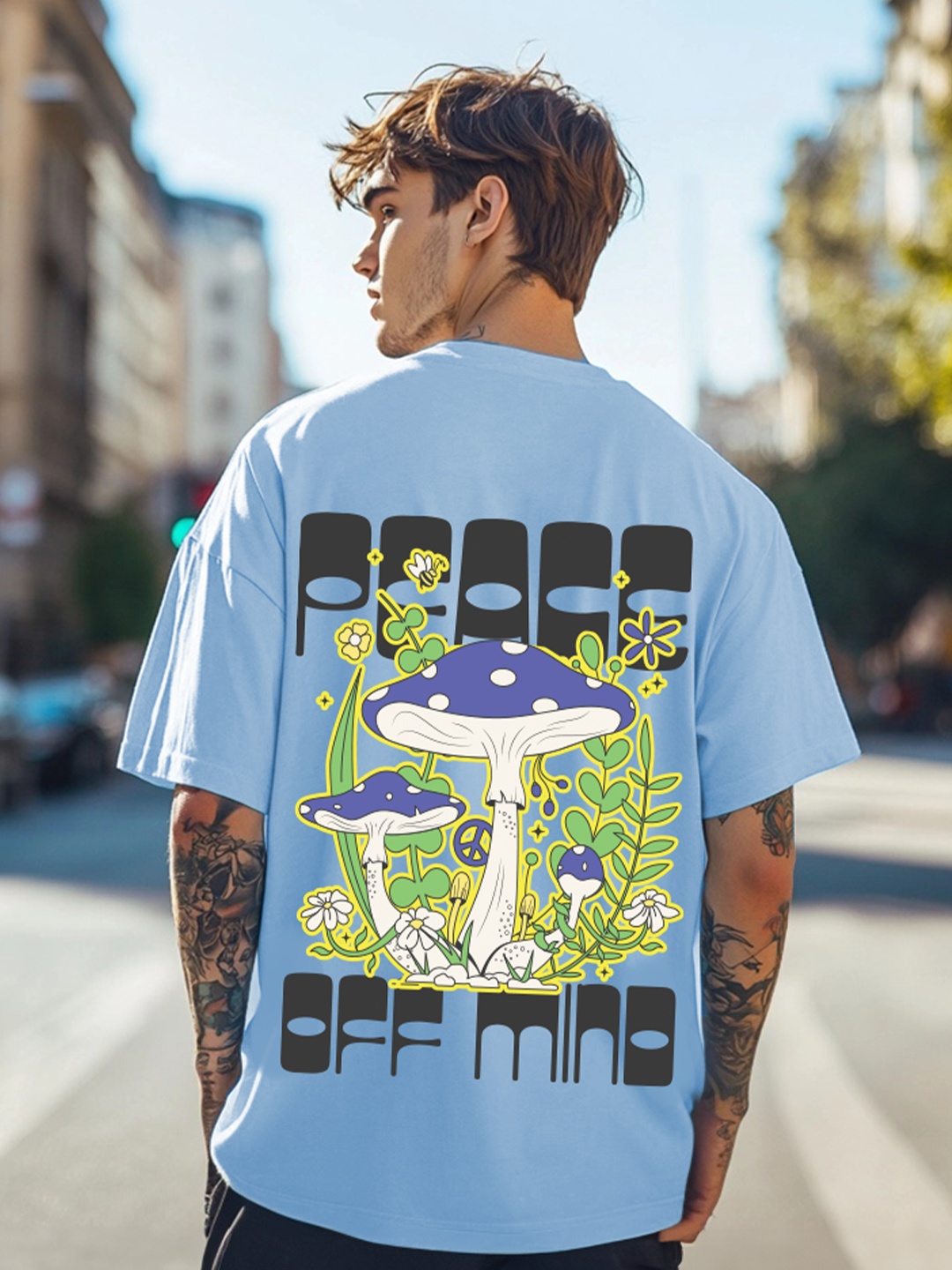 

VEIRDO Men Graphic Printed Round Neck Pure Cotton Oversized T-Shirt, Blue