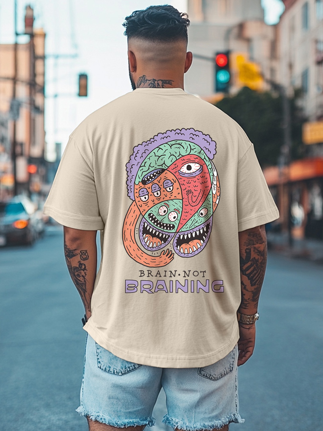 

VEIRDO Men Graphic Printed Round Neck Pure Cotton Oversized T-Shirt, Beige