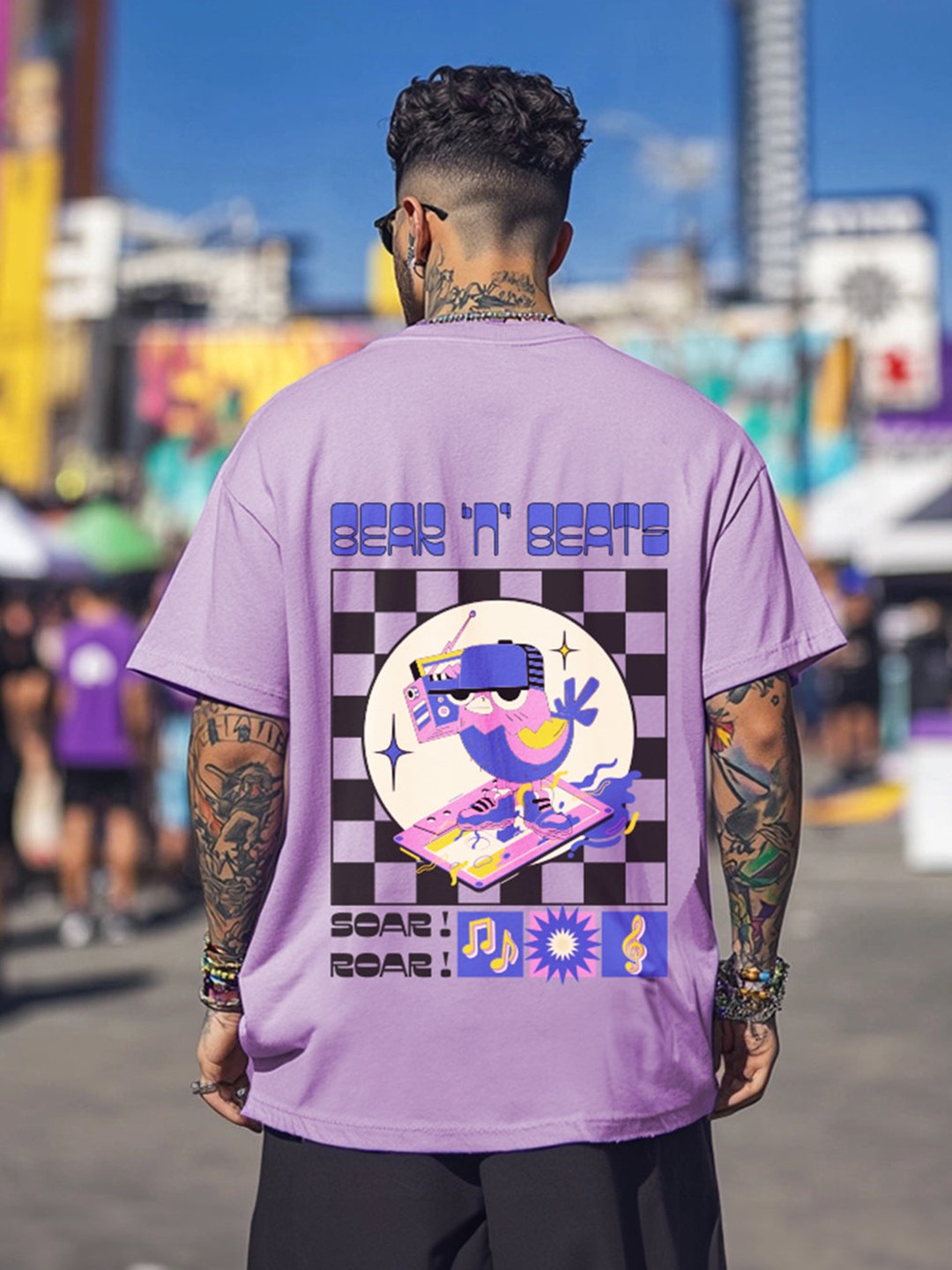 

VEIRDO Men Graphic Printed Round Neck Pure Cotton Oversized T-Shirt, Purple