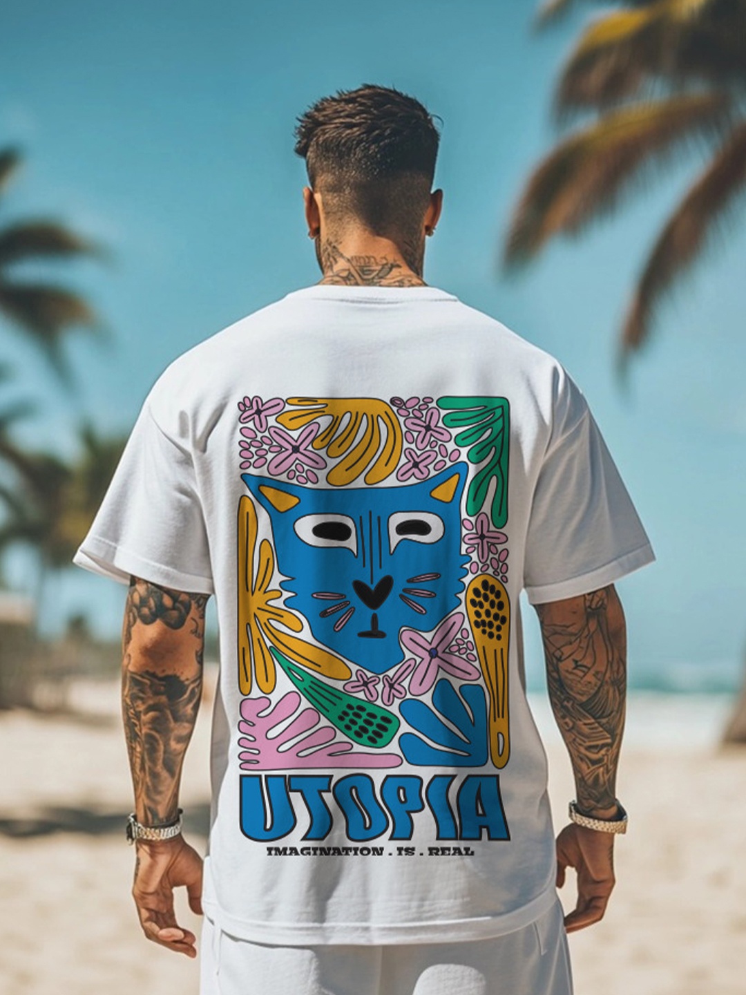 

VEIRDO Men Graphic Printed Round Neck Pure Cotton Oversized T-Shirt, White