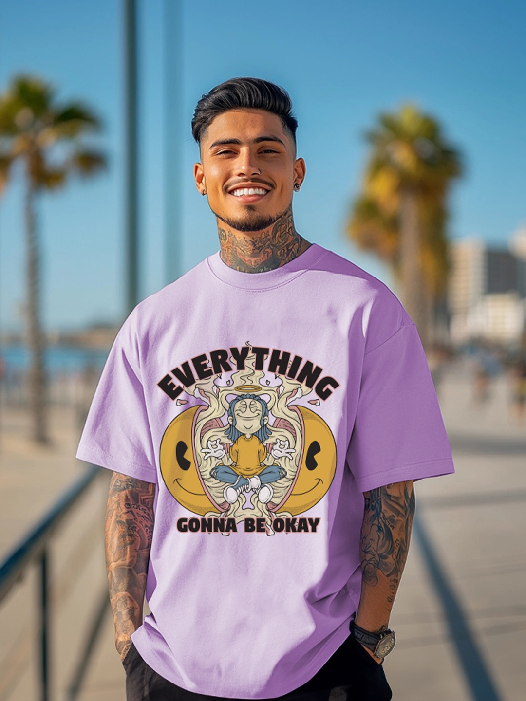 

VEIRDO Men Graphic Printed Round Neck Pure Cotton Oversized T-Shirt, Purple