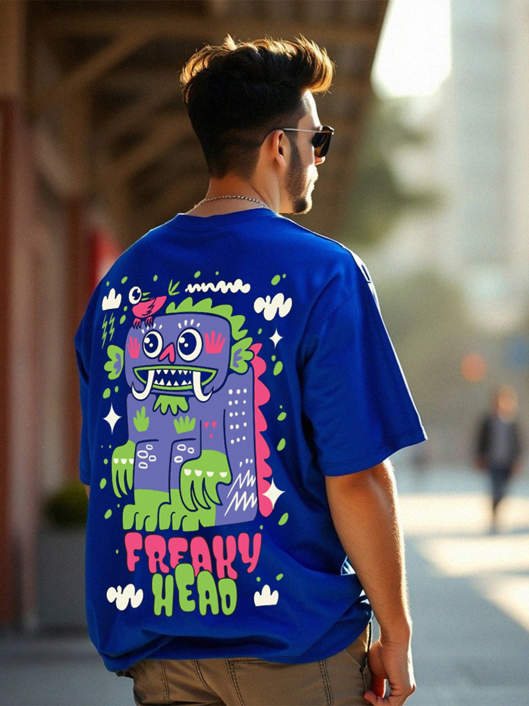 

VEIRDO Men Graphic Printed Round Neck Pure Cotton Oversized T-Shirt, Blue
