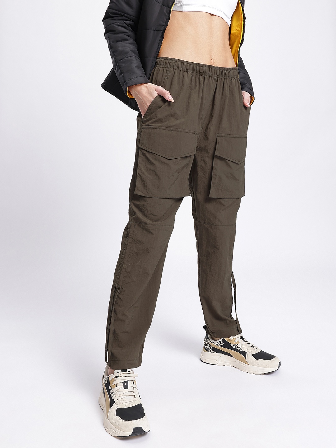 

DressBerry Women Everyday Rebel Ruched Tie-Ups Cargo-Style Track Pants, Olive