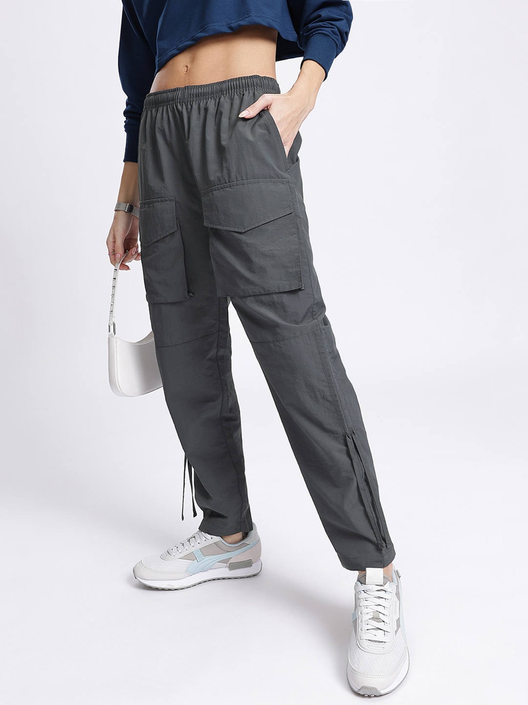 

DressBerry Women Trailblazer All Day Ruched Tie-Ups Cargo-Style Track Pants, Charcoal