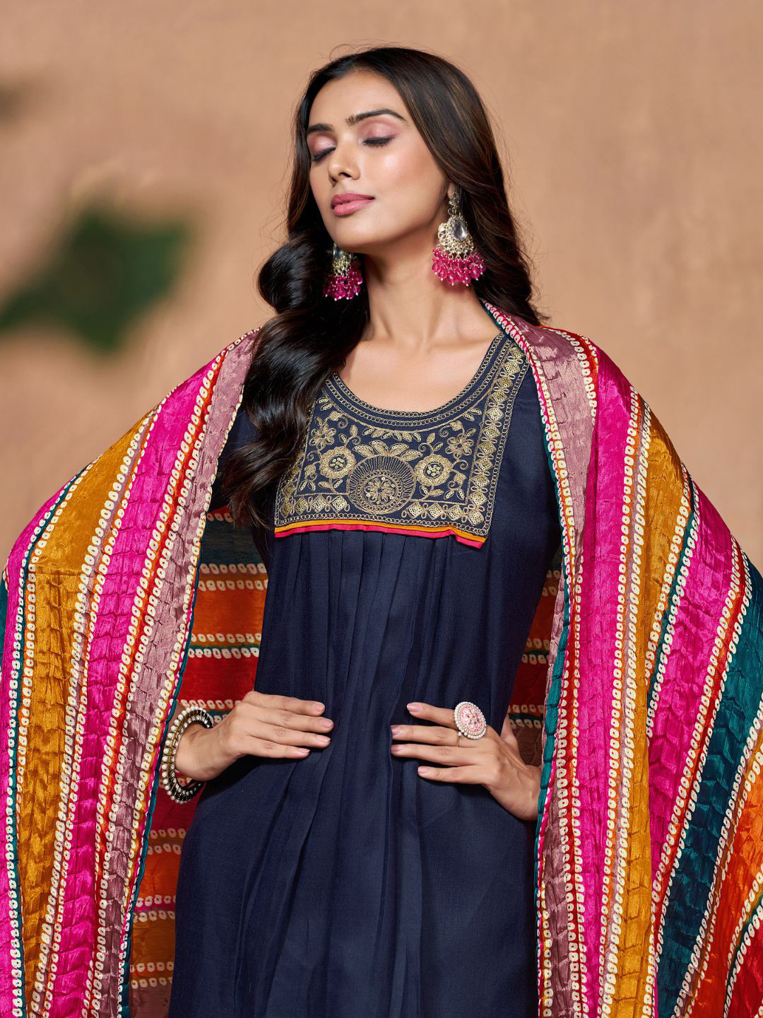

KALINI Floral Yoke Design Sequinned Straight Kurta With Salwar & Dupatta, Navy blue