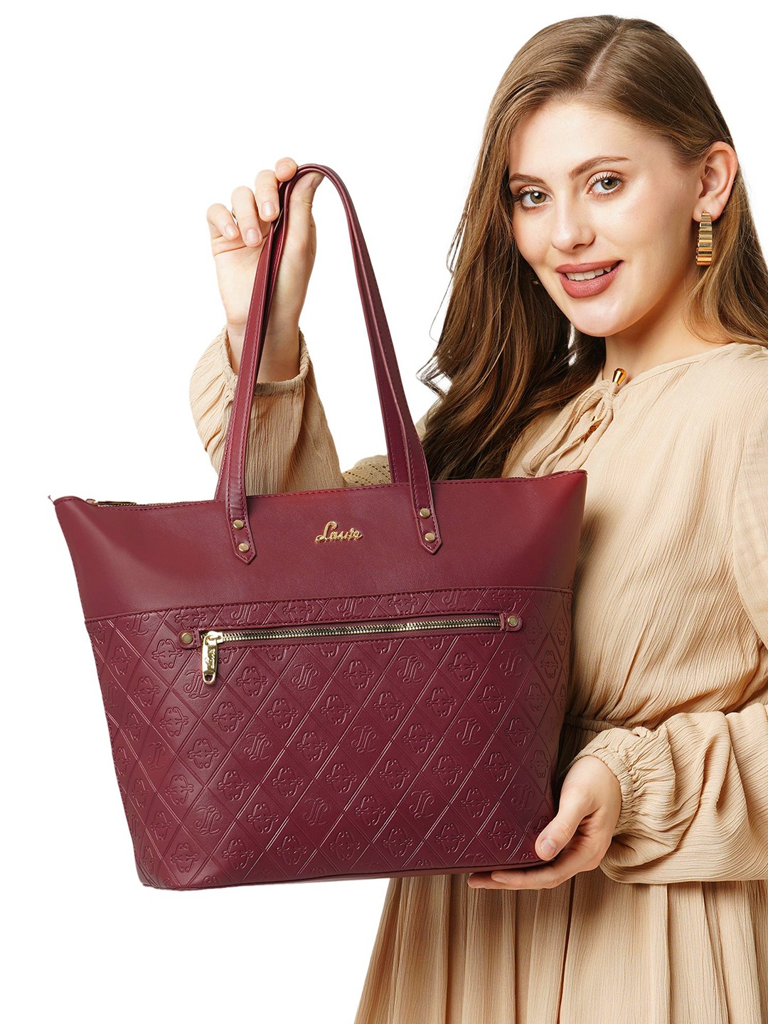 

Lavie Textured Structured Tote Bag with Cut Work, Purple