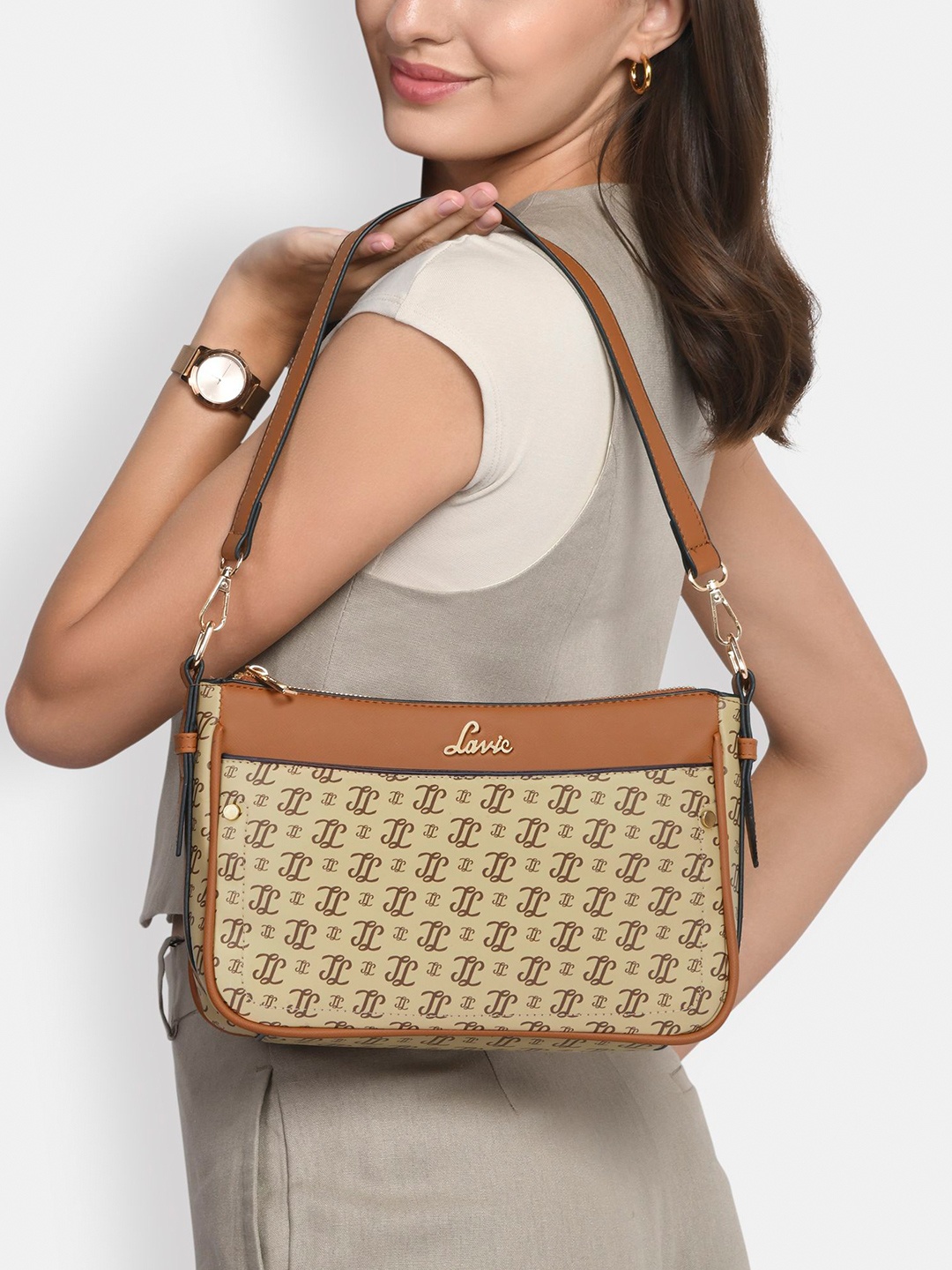 

Lavie Colourblocked Structured Hobo Bag with Bow Detail, Taupe