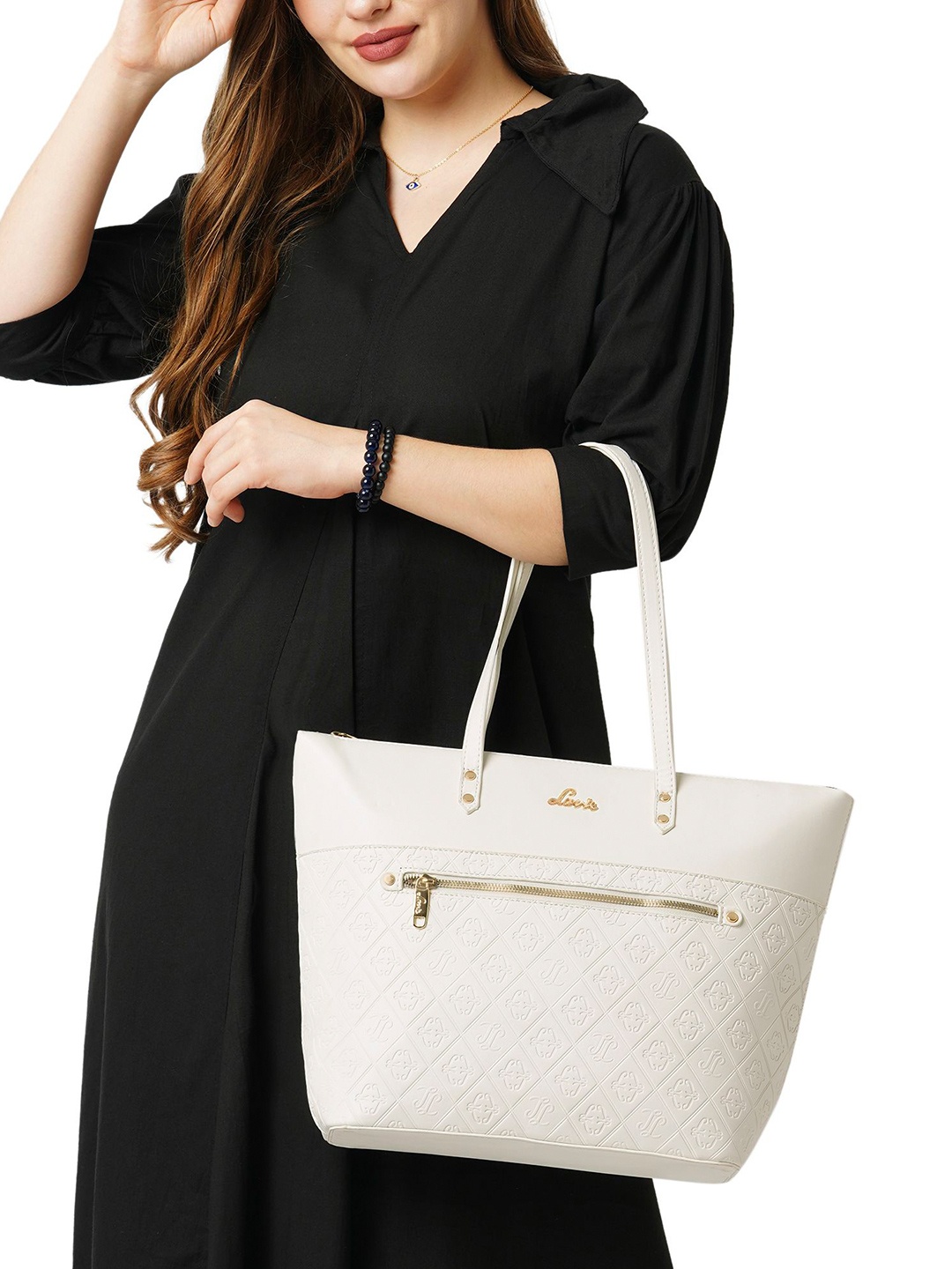 

Lavie Colourblocked Structured Tote Bag with Cut Work, White