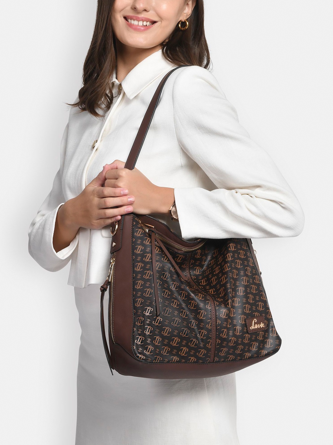 

Lavie Structured Hobo Bag with Cut Work, Coffee brown