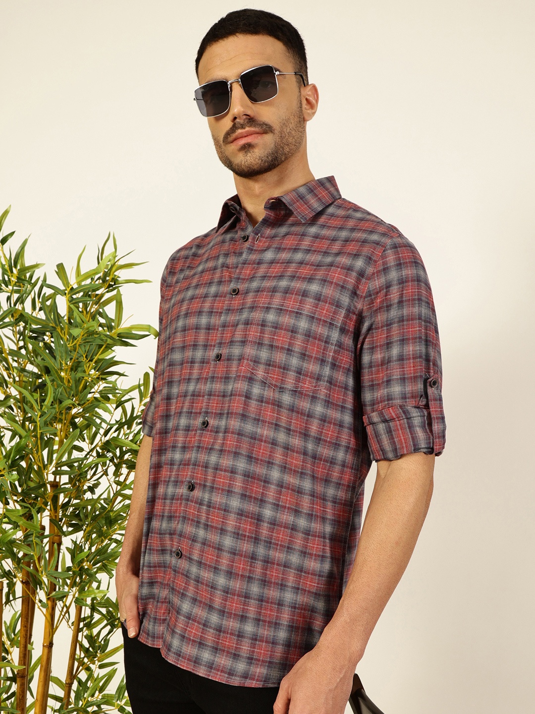 

Thomas Scott Men Premium Spread Collar Tartan Checked Cotton Casual Shirt, Red