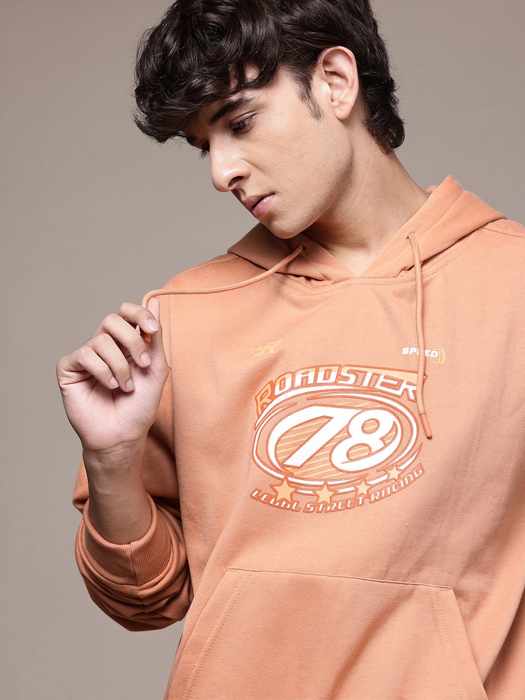 

The Roadster Lifestyle Co. Printed Oversized Fit Hooded Sweatshirt, Peach