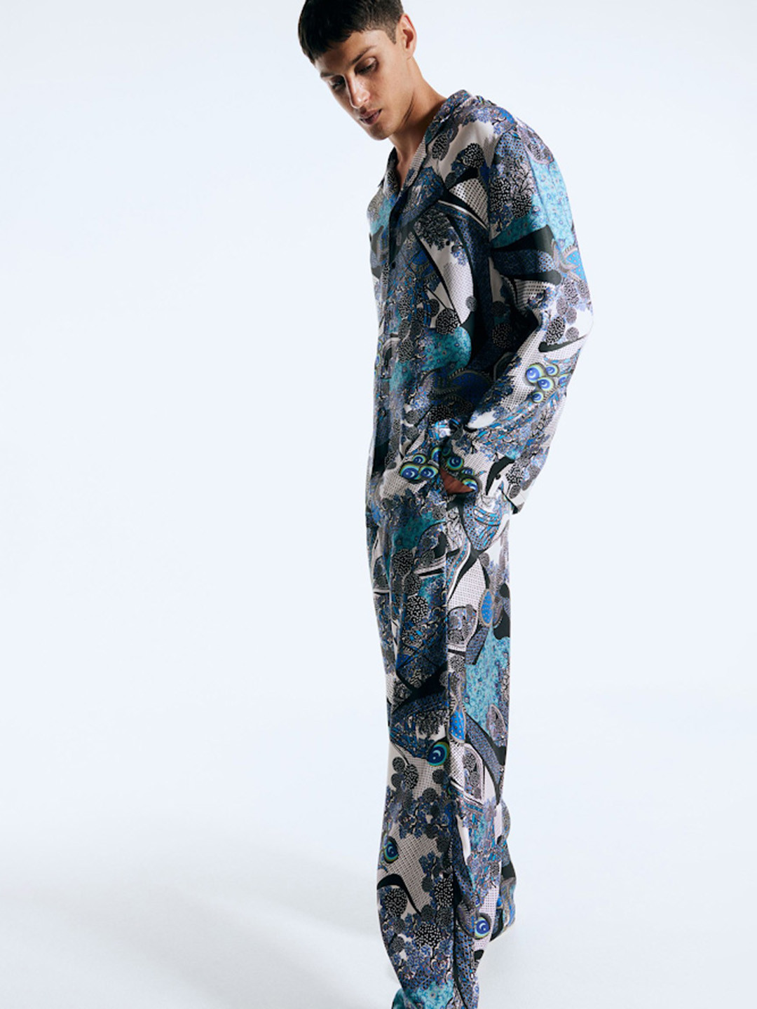 

H&M Men Abstract-Patterned Silk Pyjama Bottoms, Black