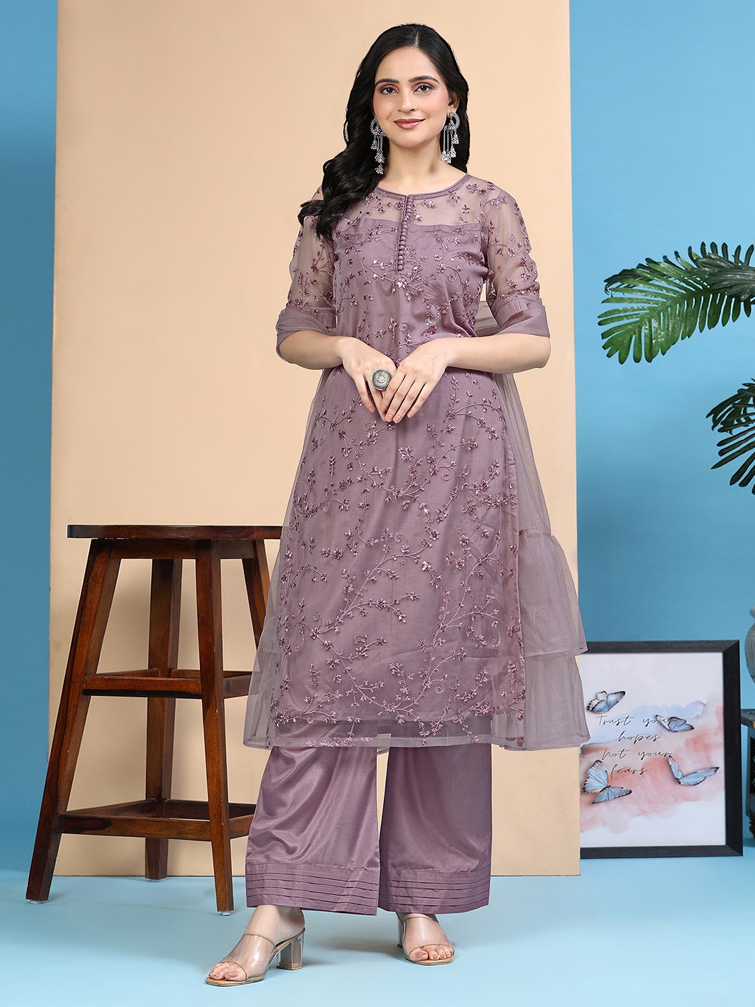 

Trendmalls Floral Embroidered Sequinned Straight Kurta & Palazzos With Dupatta, Purple