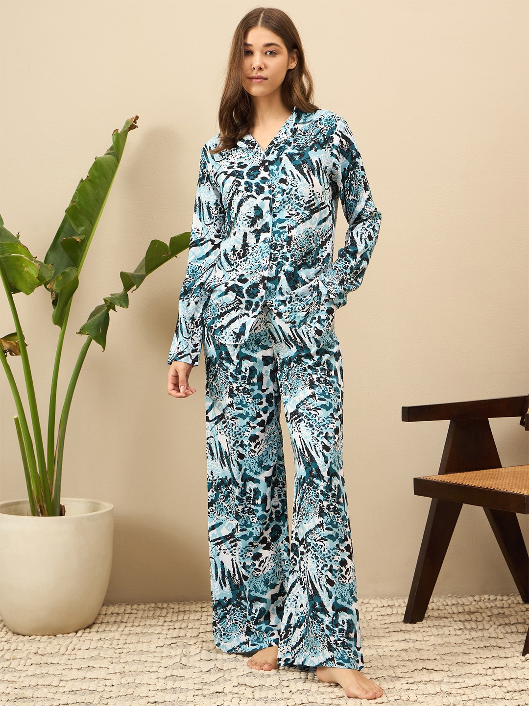 

July Women Abstract Printed Night suit, Turquoise blue