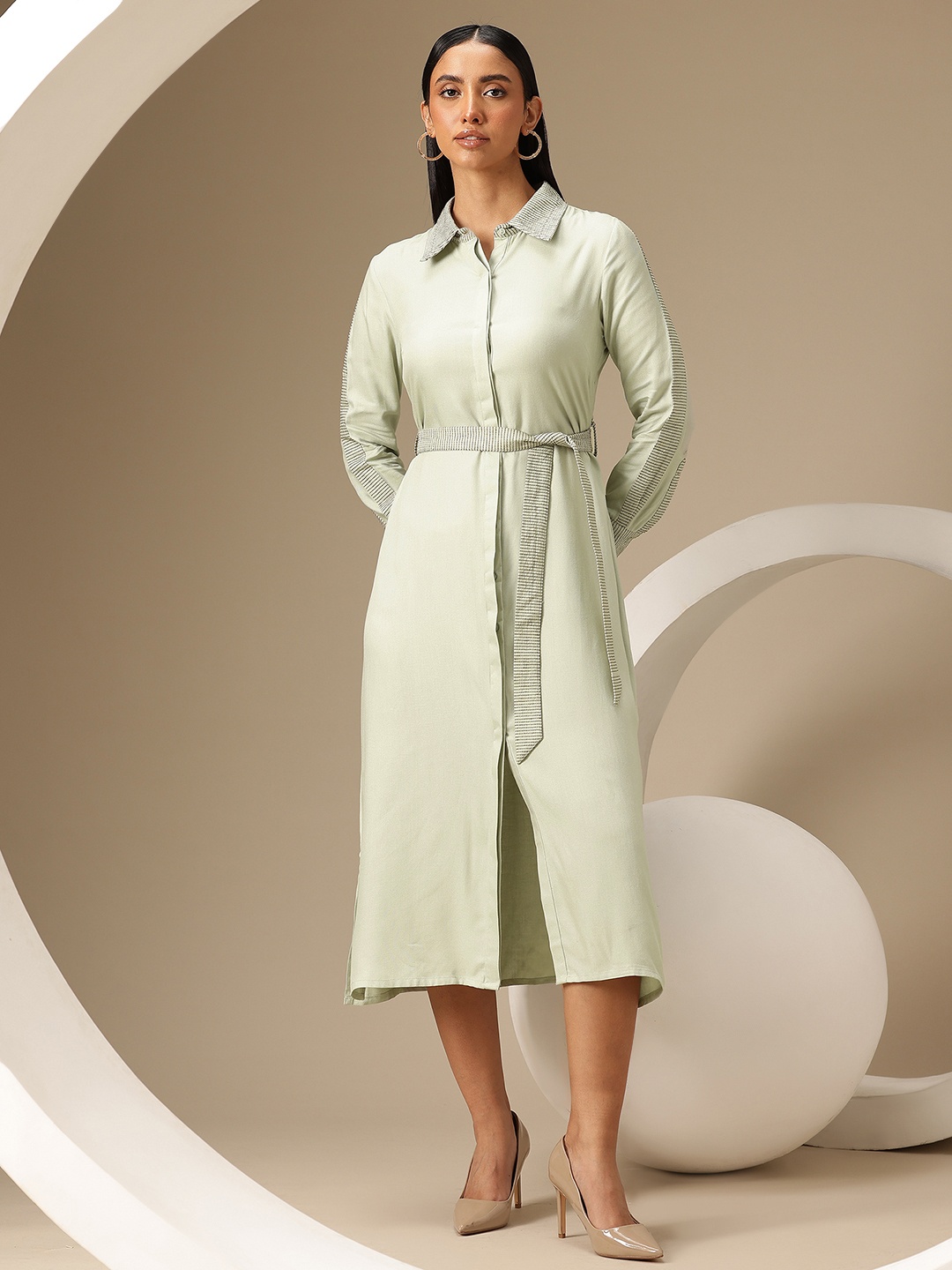 

Chemistry Shirt Midi Dress with Belt, Green