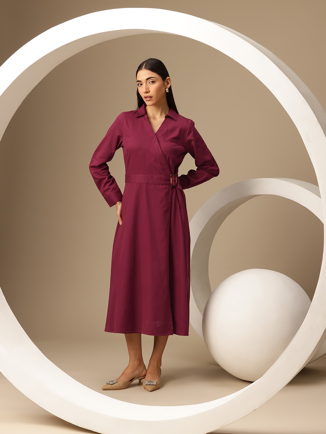 

Chemistry Pure Cotton Belted Wrap Midi Dress, Maroon