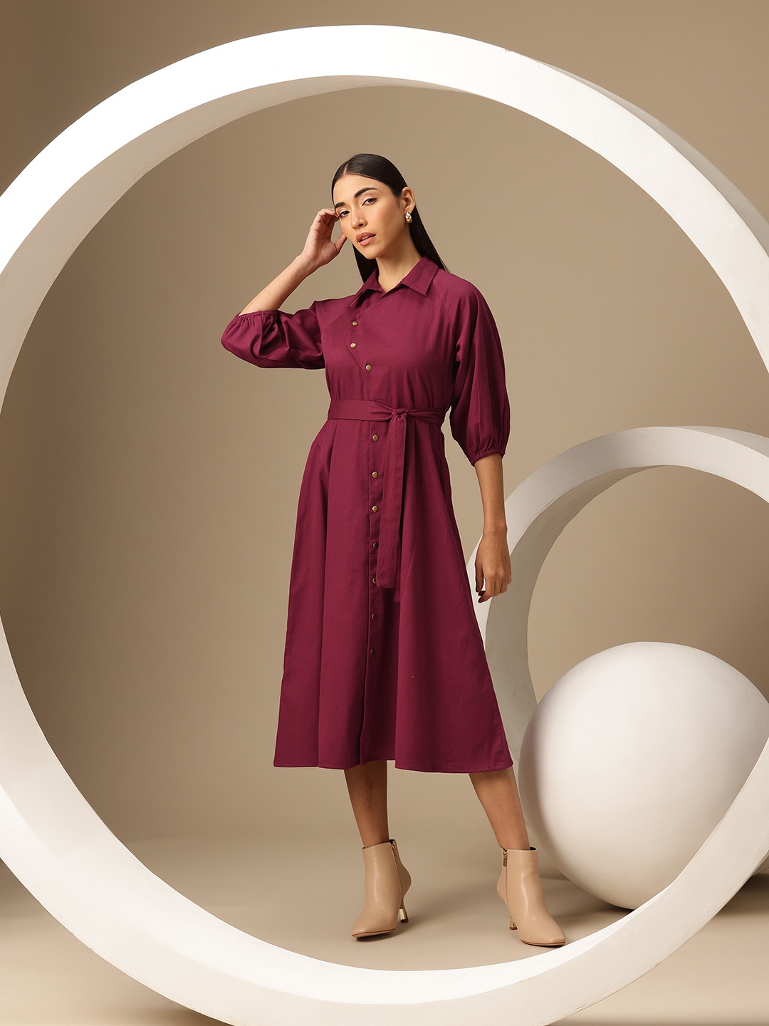 

Chemistry Pure Cotton Belted Shirt Midi Dress, Maroon