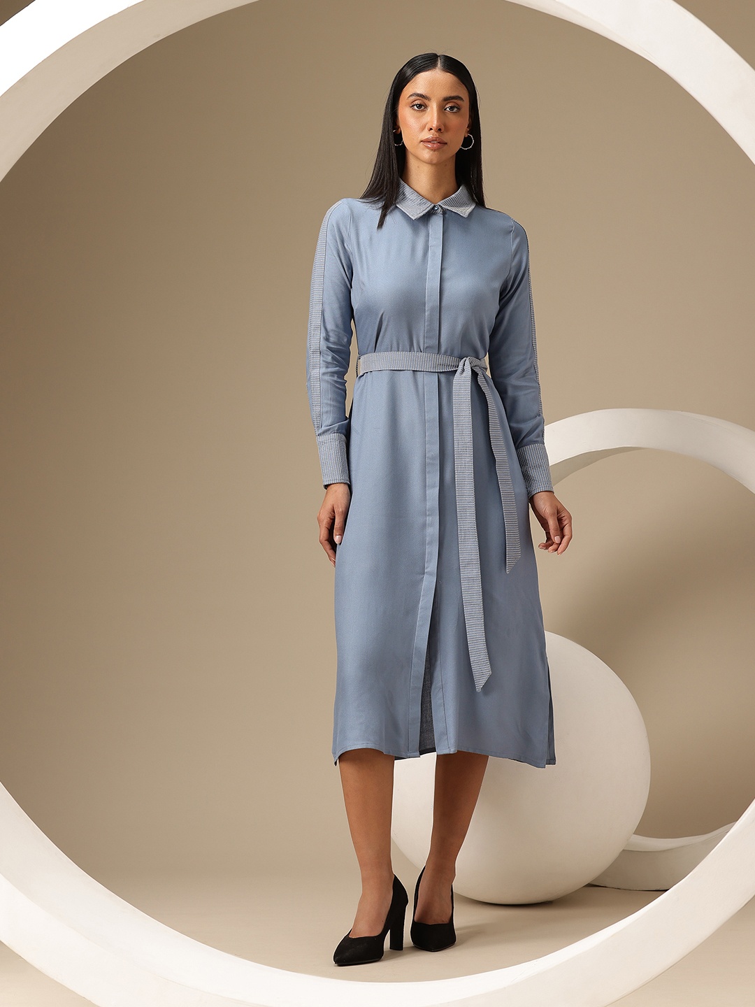 

Chemistry Shirt Midi Dress with Belt, Blue