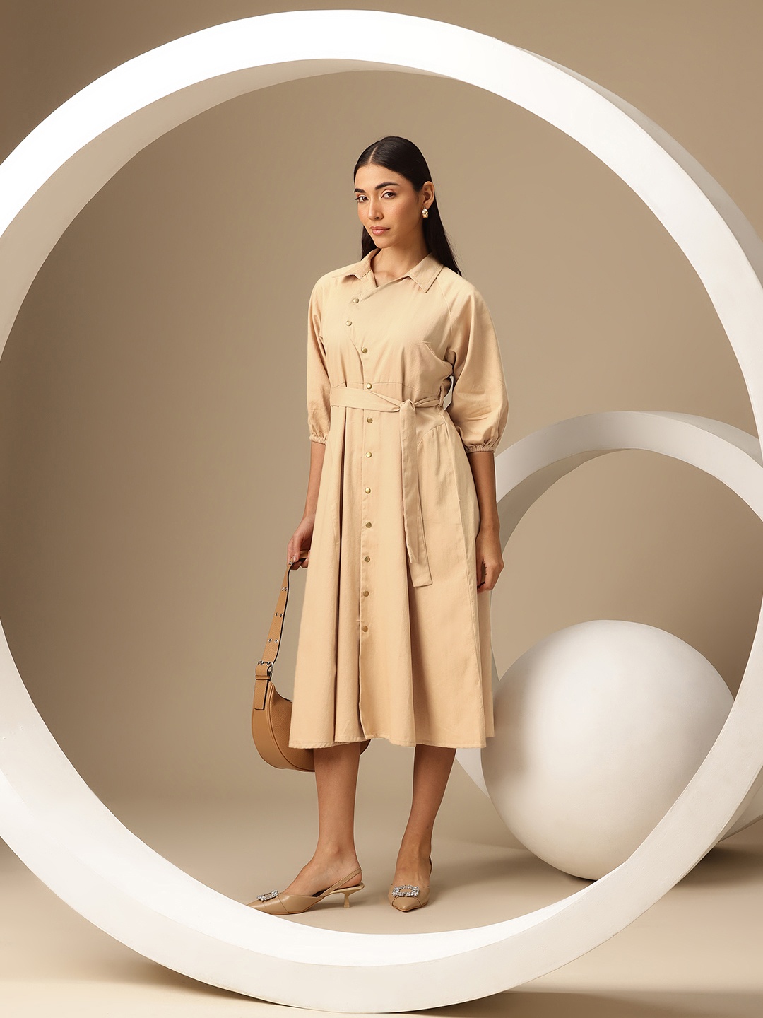 

Chemistry Pure Cotton Belted Shirt Midi Dress, Beige