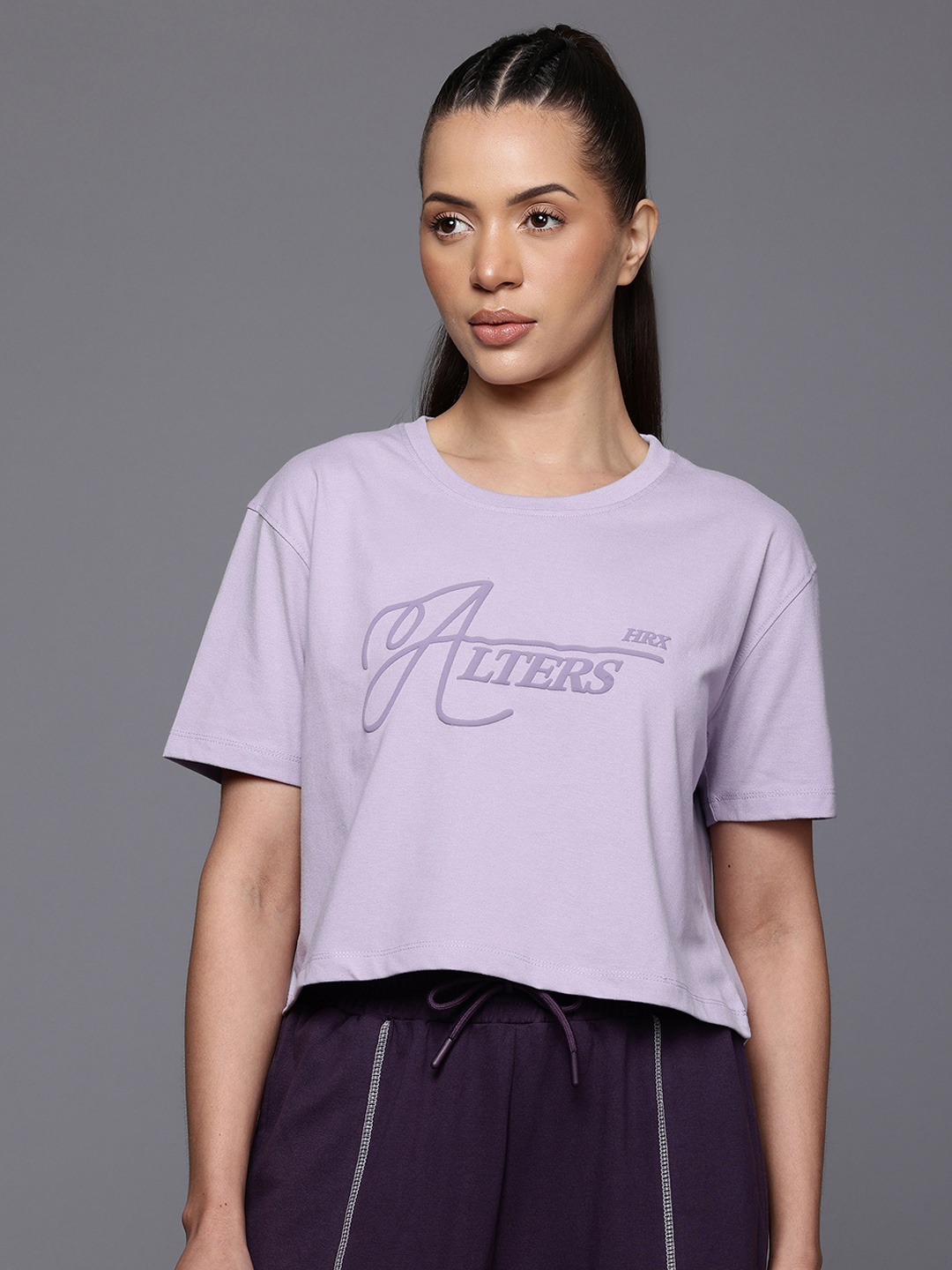 

HRX by Hrithik Roshan Lifestyle Typography Print Crop T-shirt, Lavender