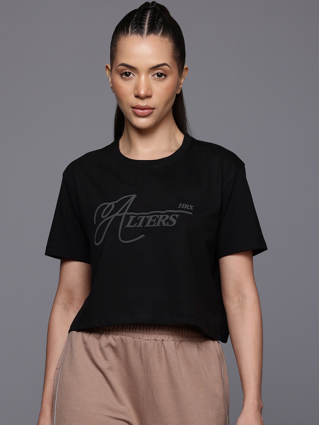 

HRX by Hrithik Roshan Typography Print Crop T-shirt, Black