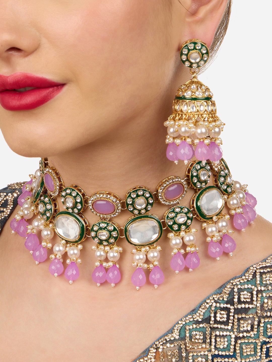 

Zaveri Pearls Gold-Plated Stone-Studded & Beaded Jewellery Set