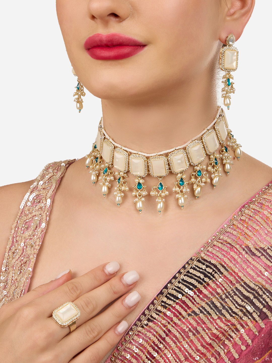 

Zaveri Pearls Gold Plated Stone Studded & Beaded Jewellery Set With Ring