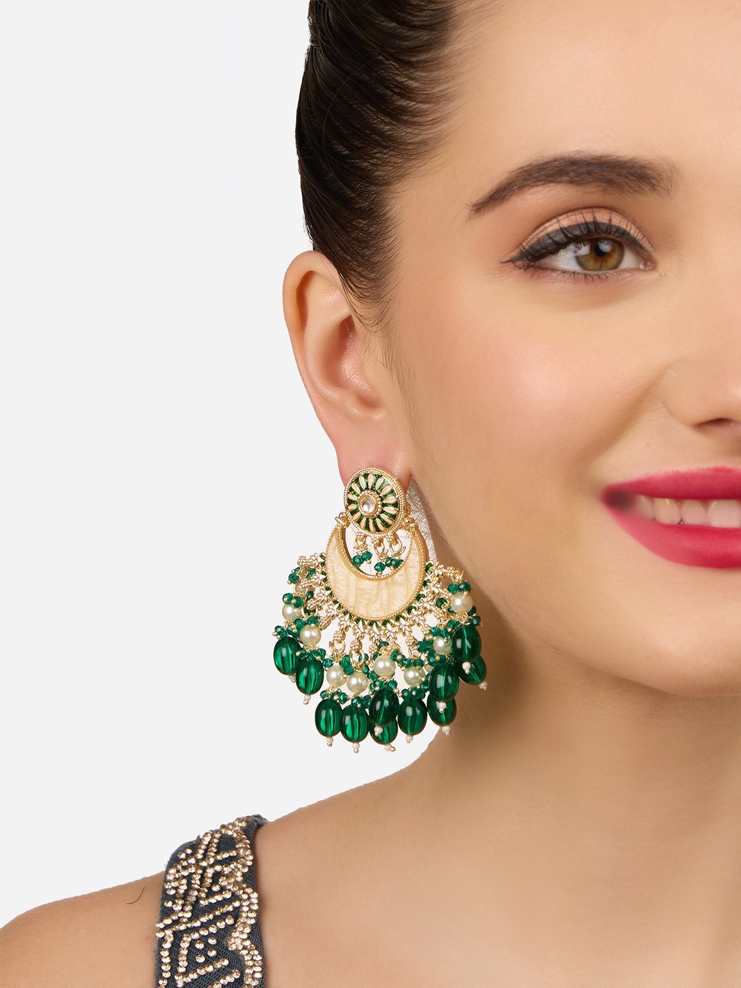 

Zaveri Pearls Gold-Plated Contemporary Chandbalis Earrings, Green