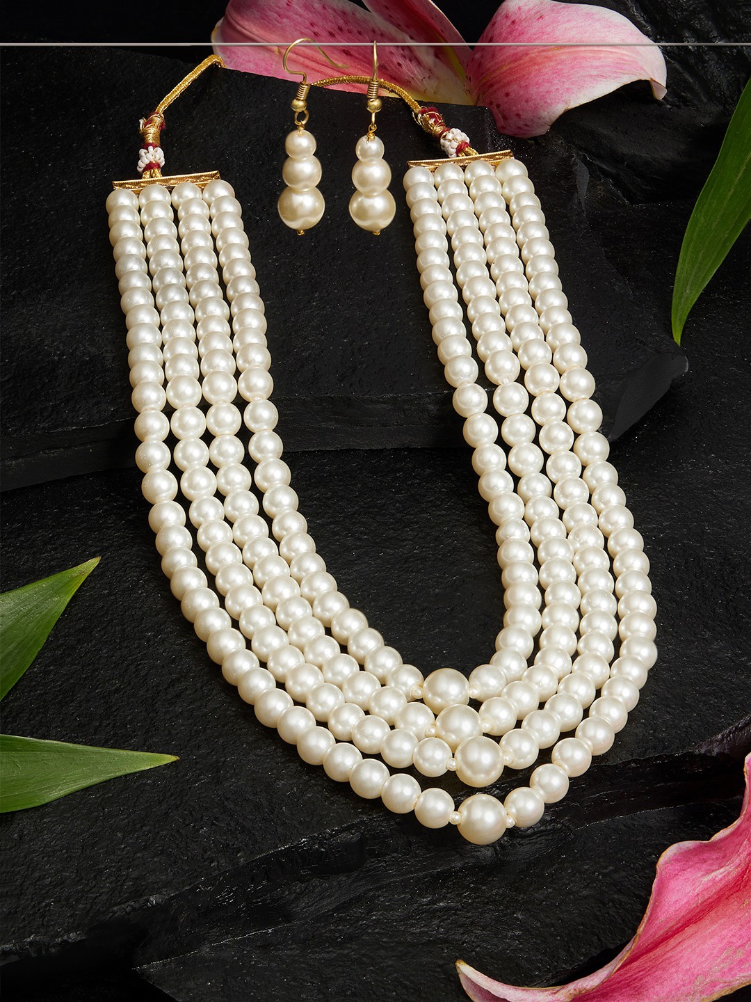 

Zaveri Pearls Four Layer Pearls Beaded Jewellery Set, Gold