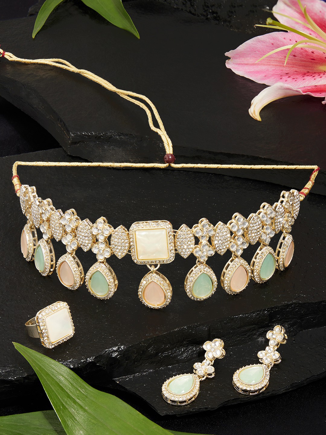 

Zaveri Pearls Gold-Plated Stone-Studded Jewellery Set