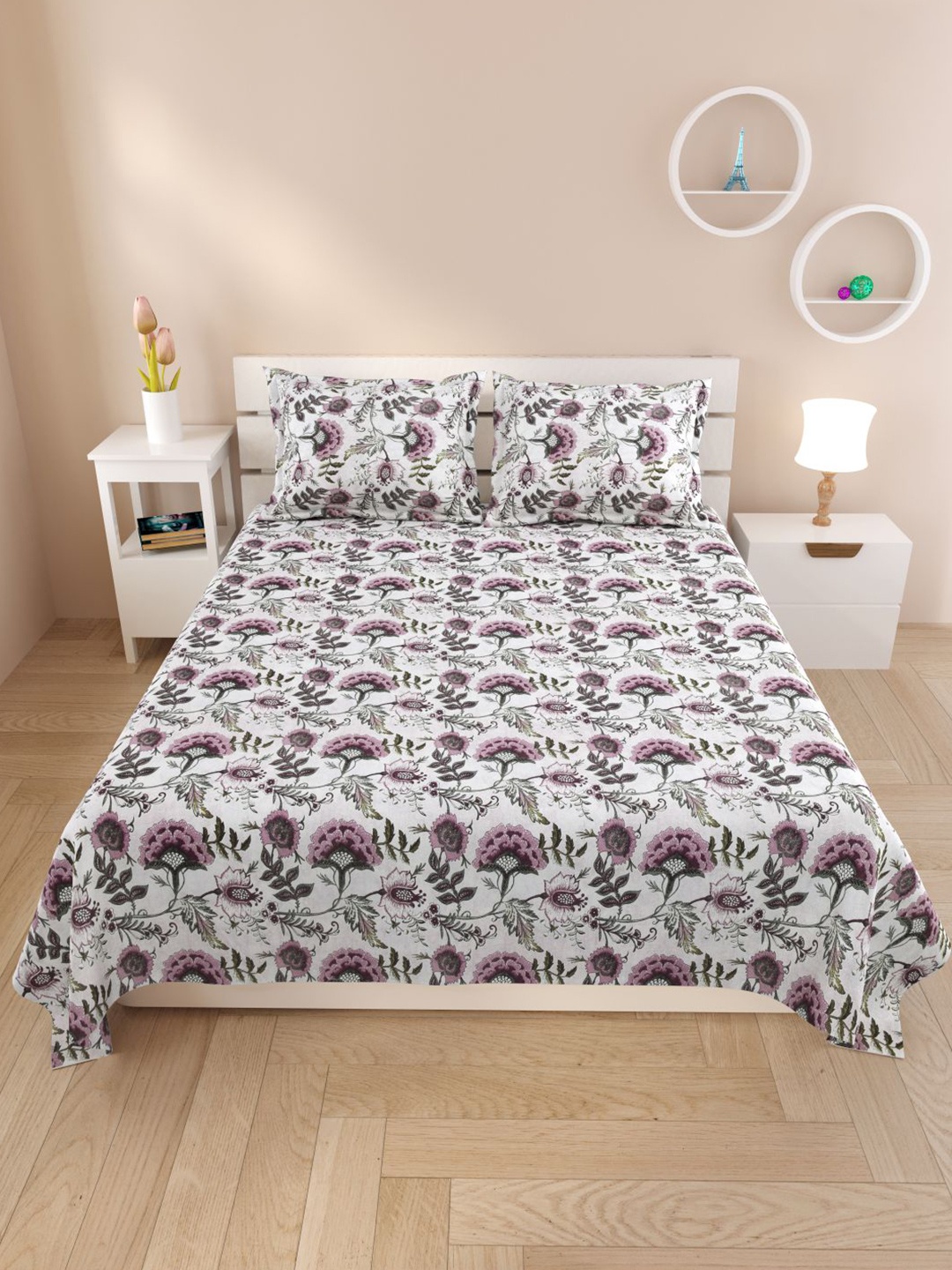 

DREAM WEAVERZ Purple & White Floral 220 TC Cotton King Bedsheet With 2 Pillow Covers