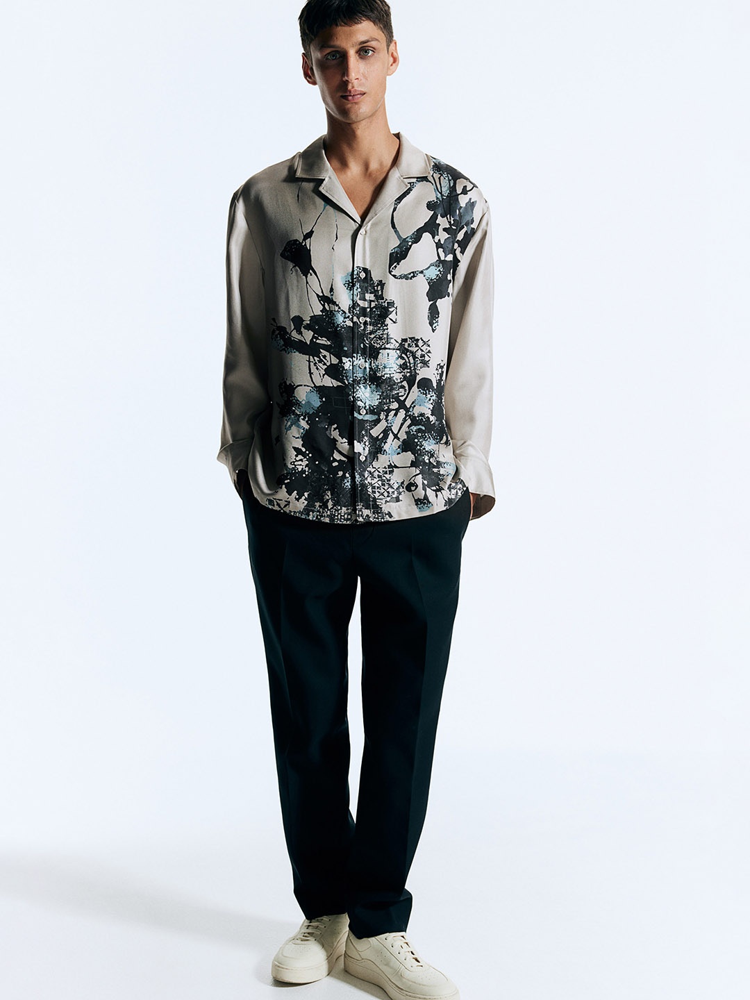 

H&M Abstract-Print Silk Pyjama Shirt, Beige