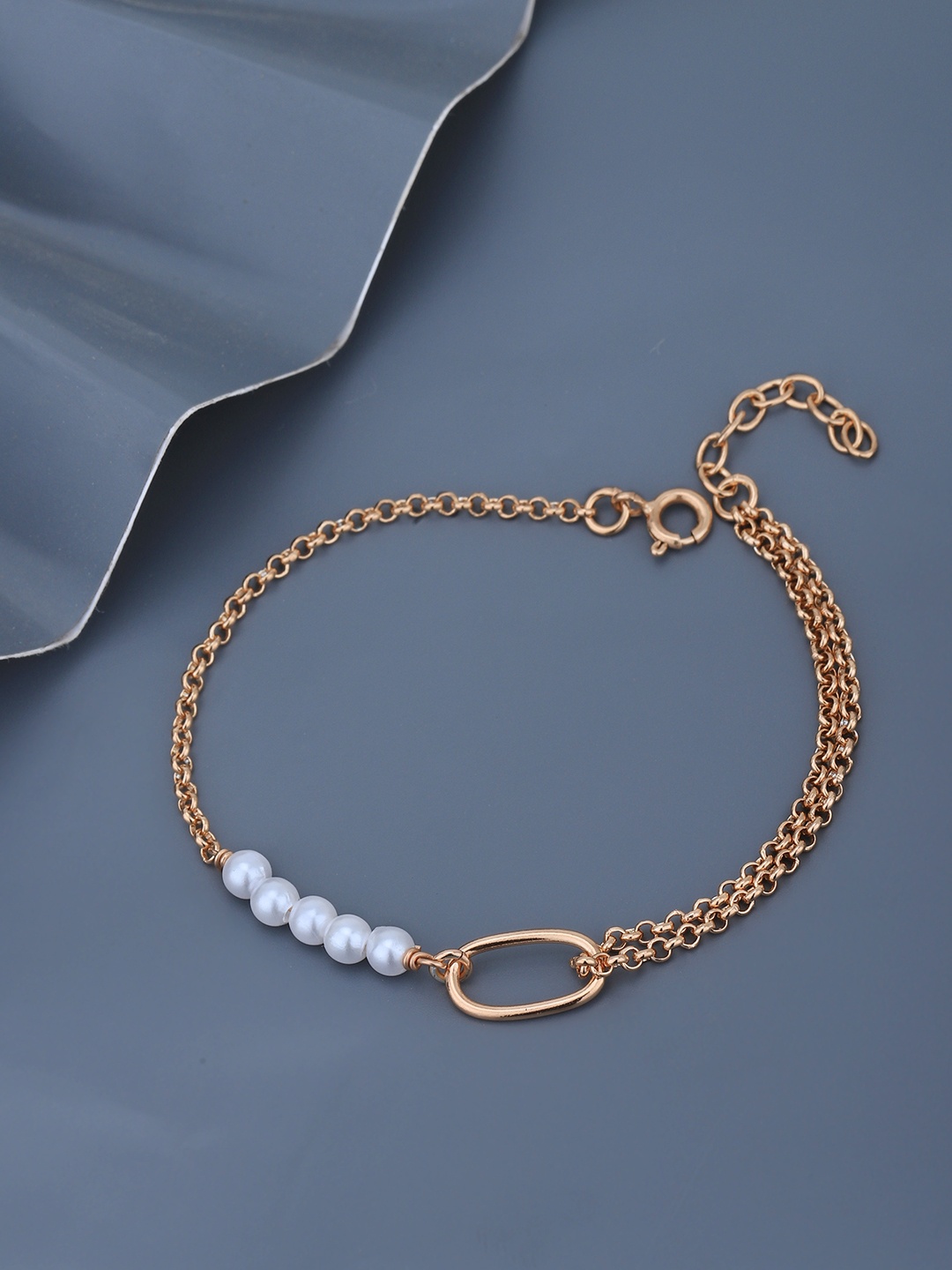 

Carlton London Women 18kt Rose Gold Plated Pearl Double Chain Charm Bracelet
