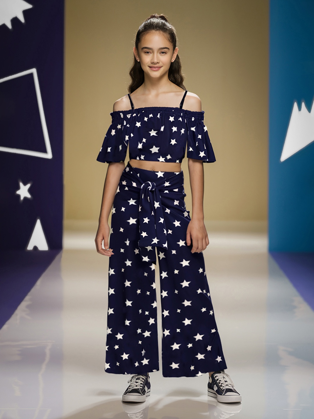 

Naughty Ninos Girls Printed Top with Palazzos, Navy blue
