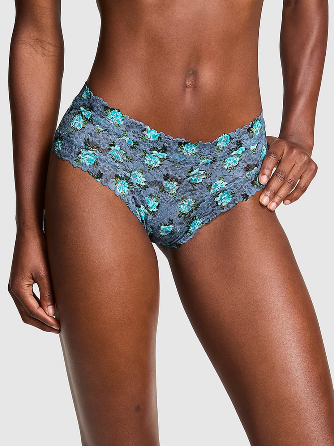 

Victoria's Secret PINK Wink Floral Printed Lace Cheeky Basic Briefs, Blue