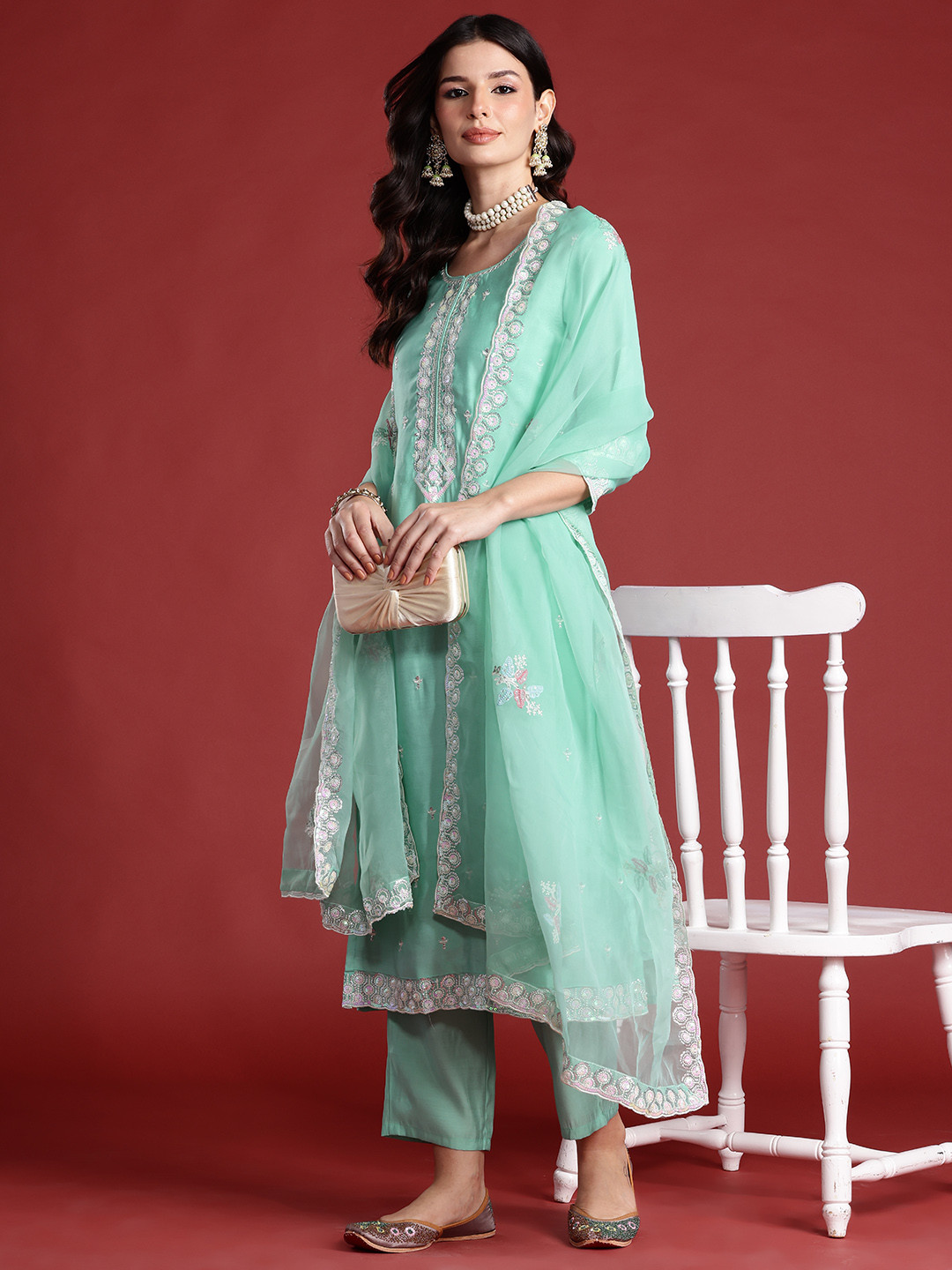 

Indo Era Ethnic Motifs Embroidered Kurta with Trousers & Dupatta, Sea green