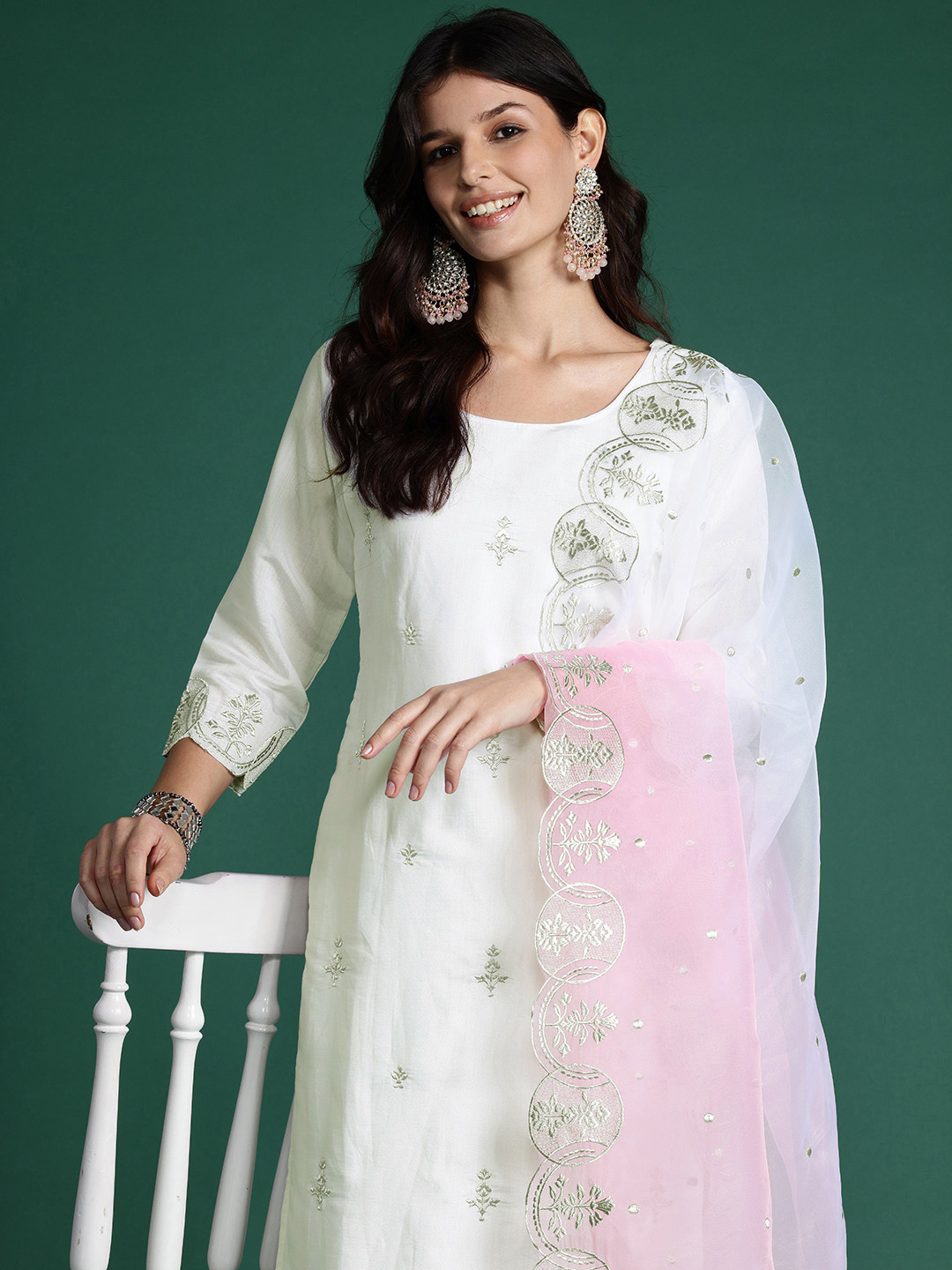 

Indo Era Ethnic Motifs Embroidered Kurta with Trousers & With Dupatta, White