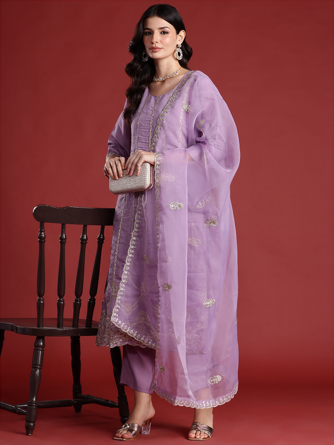 

Indo Era Ethnic Motifs Embroidered Kurta with Trousers & With Dupatta, Lavender