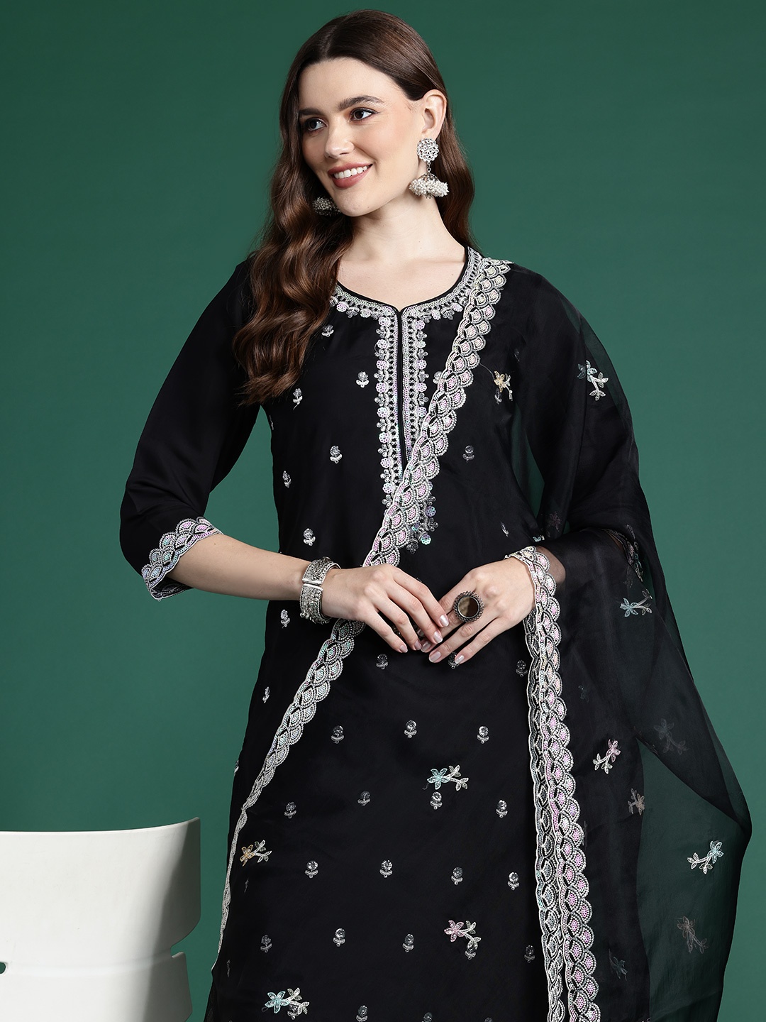 

Indo Era Ethnic Motifs Embroidered Sequinned Kurta with Trousers & With Dupatta, Black