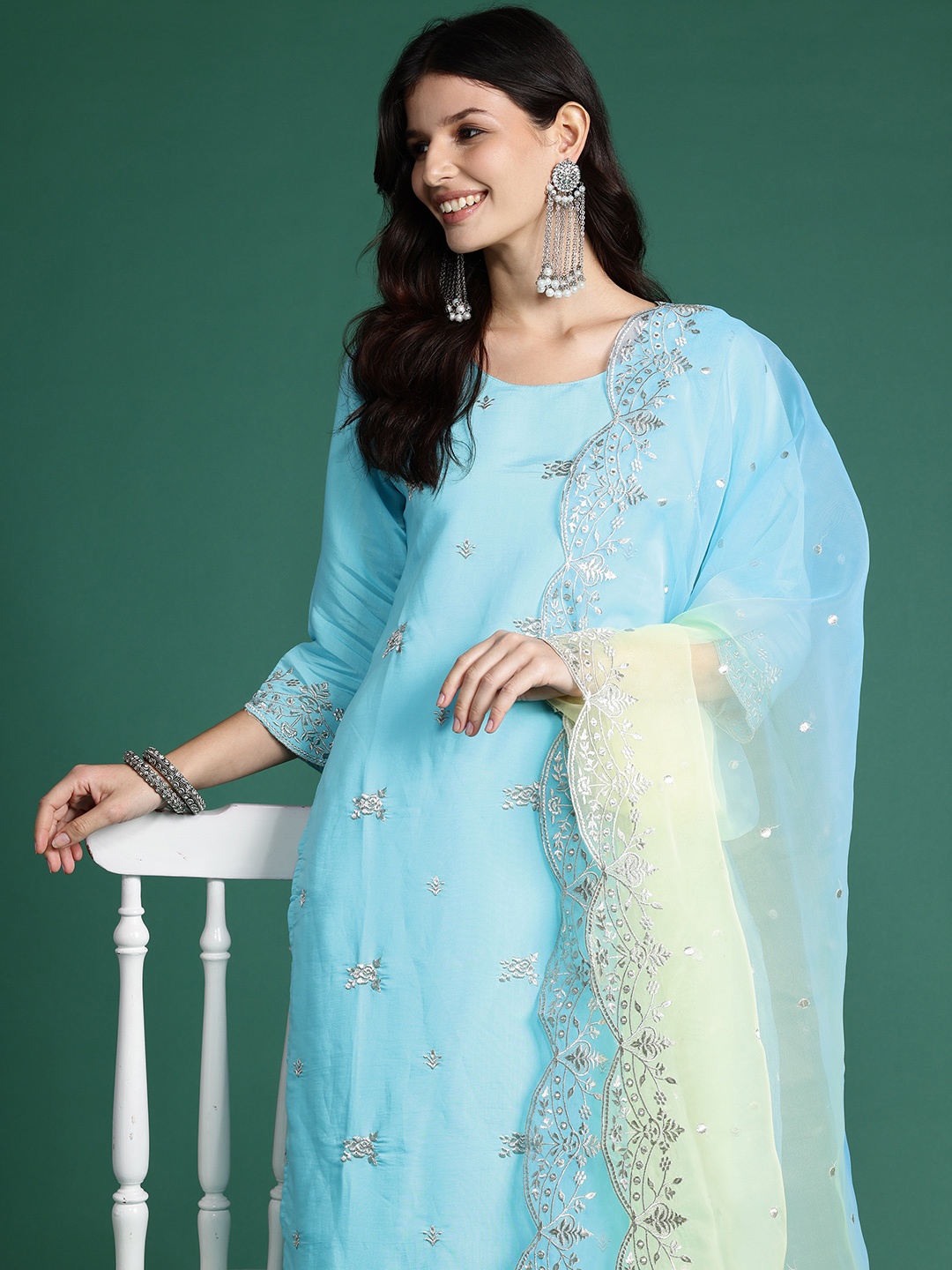 

Indo Era Ethnic Motifs Embroidered Kurta with Trousers & With Dupatta, Blue