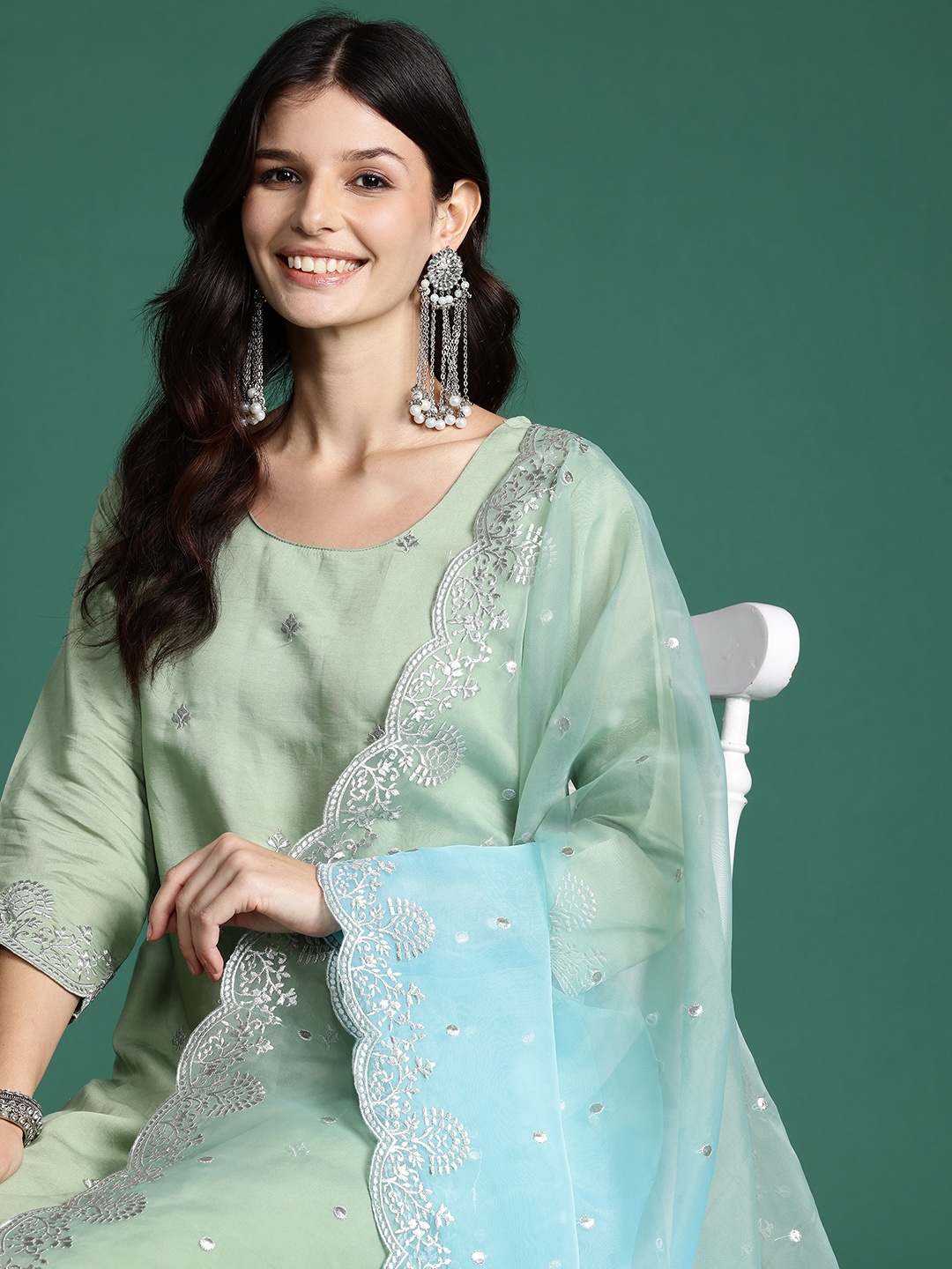 

Indo Era Ethnic Motifs Embroidered Kurta with Trousers & With Dupatta, Sea green