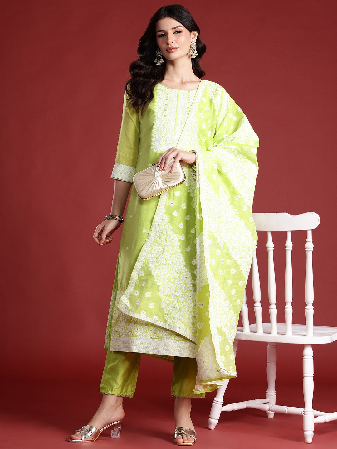 

Indo Era Ethnic Motifs Kurta with Trousers & With Dupatta, Fluorescent green