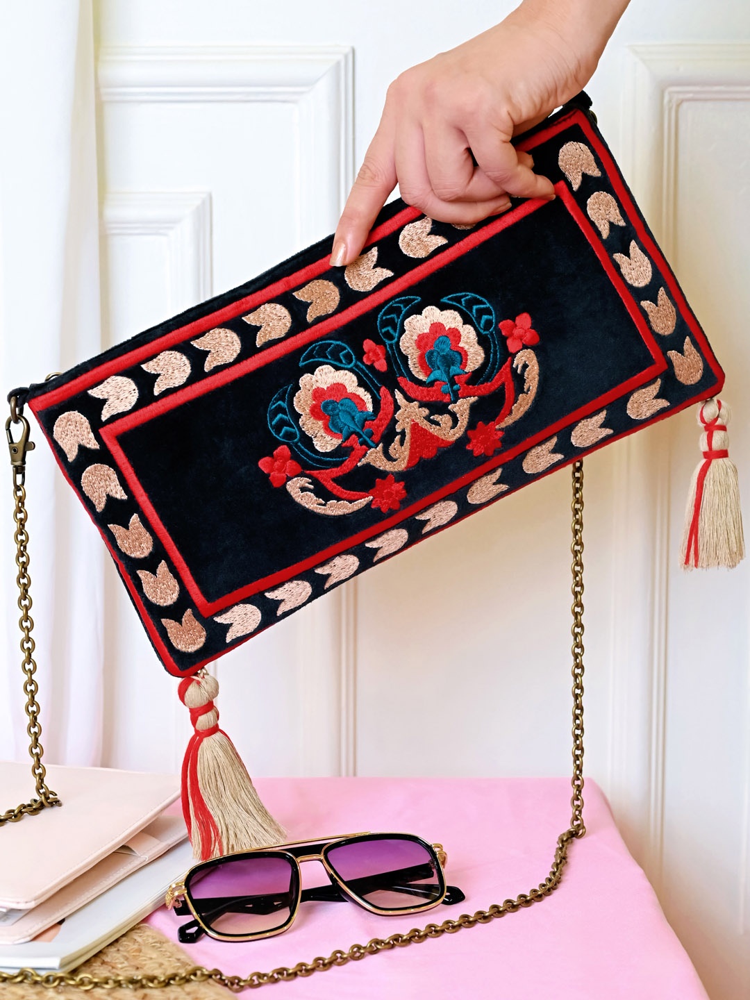 

BohoGirl Embroidered Foldover Clutch, Black