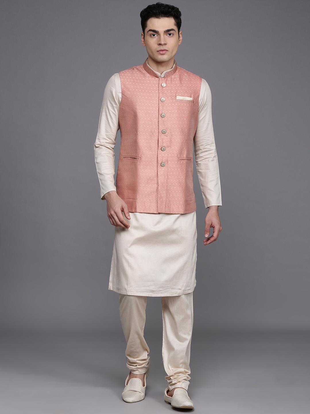 

Manu Mandarin Collar Kurta & Churidar With Nehru jacket, Cream