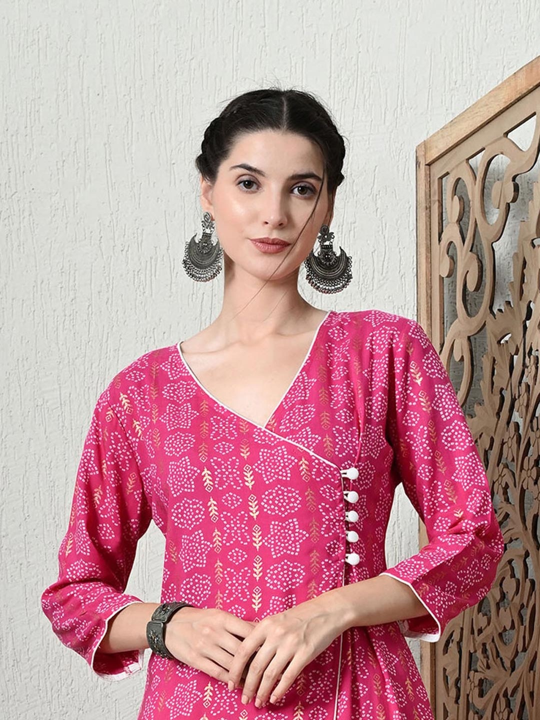 

VIDHANI Floral Printed Angrakha A Line Kurta with Palazzos, Pink